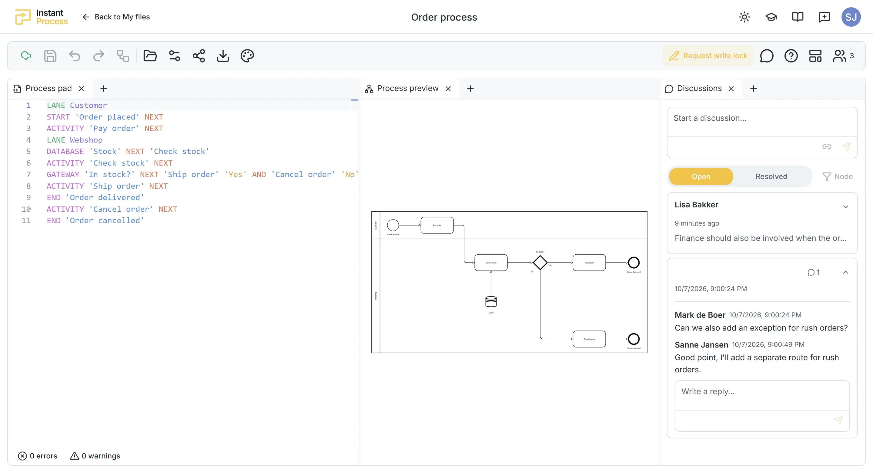 An order process in Instant Process with the team discussing changes beside the diagram