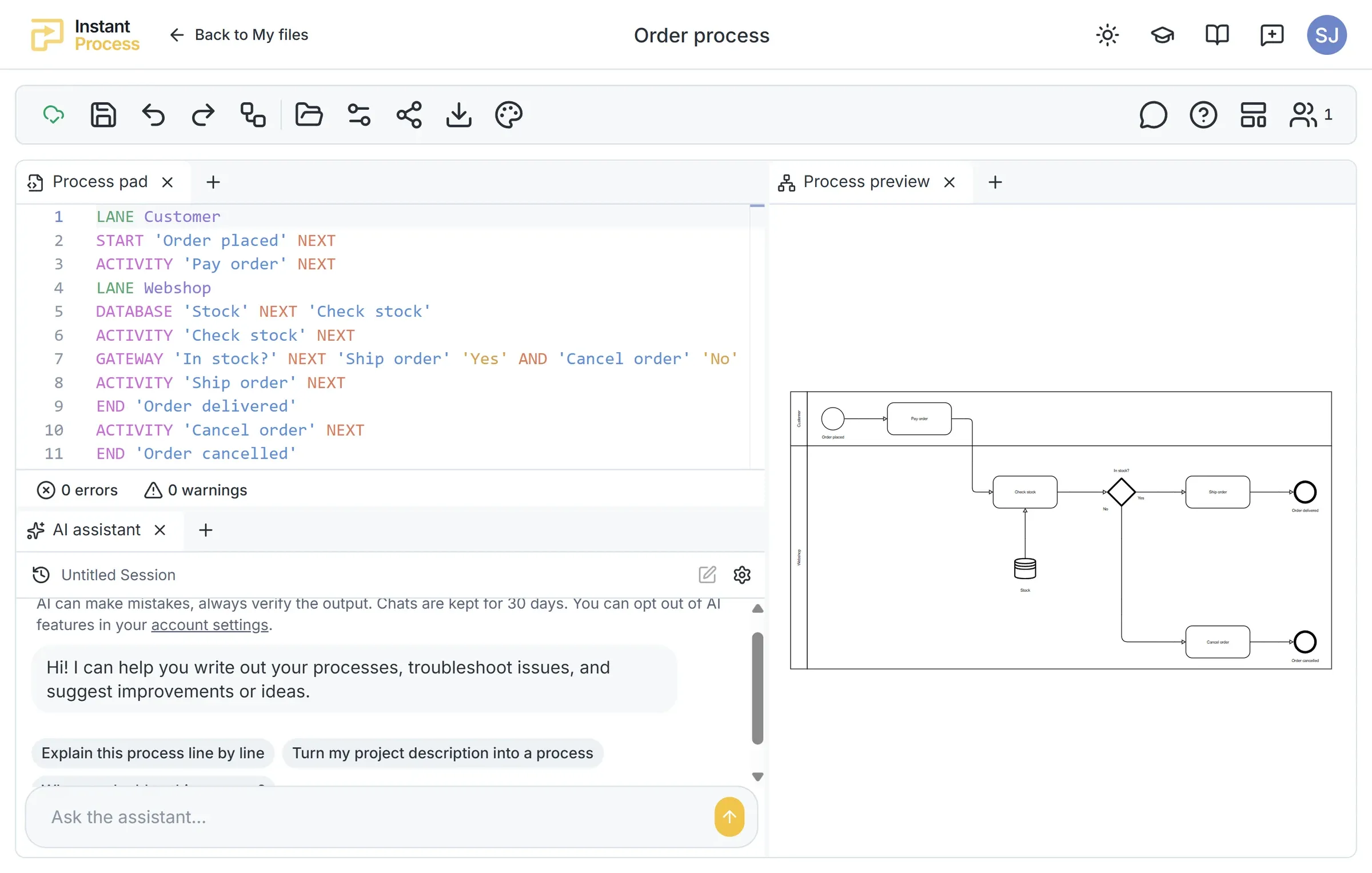 The Instant Process editor with process syntax, the live BPMN diagram and the AI assistant