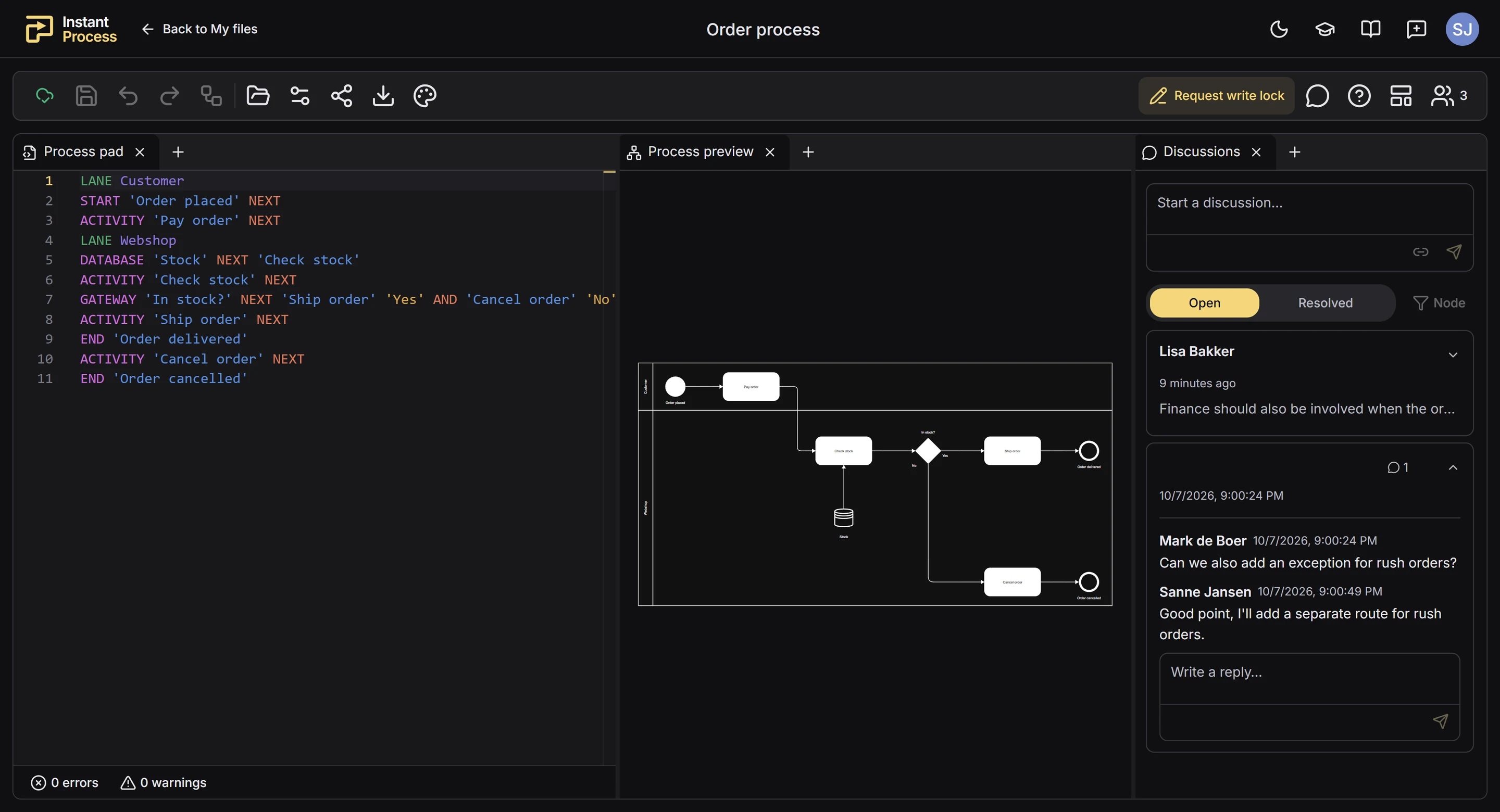 A shared order process in Instant Process with colleagues' discussions next to the process text and the process diagram