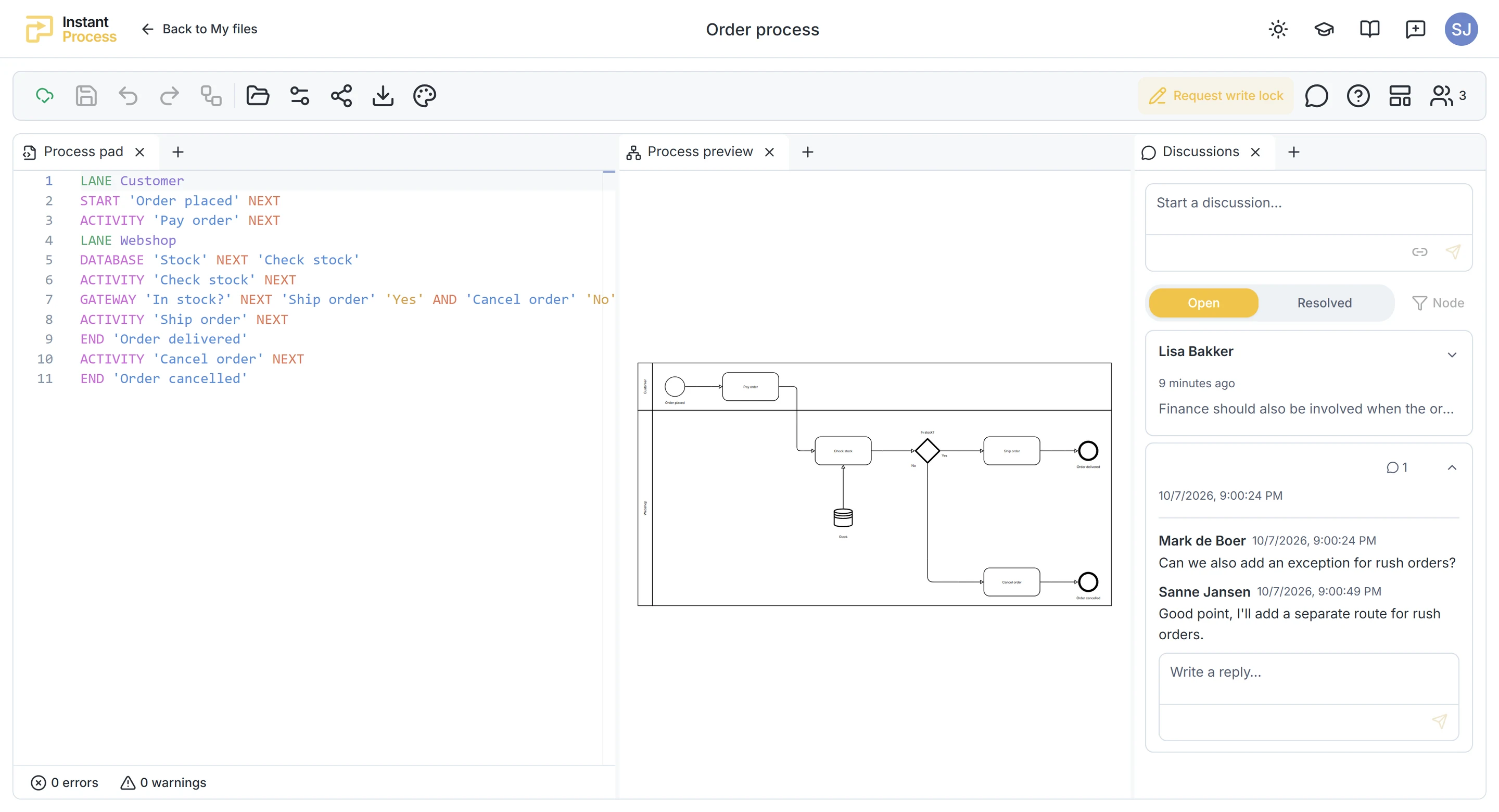A shared order process in Instant Process with colleagues' discussions next to the process text and the process diagram