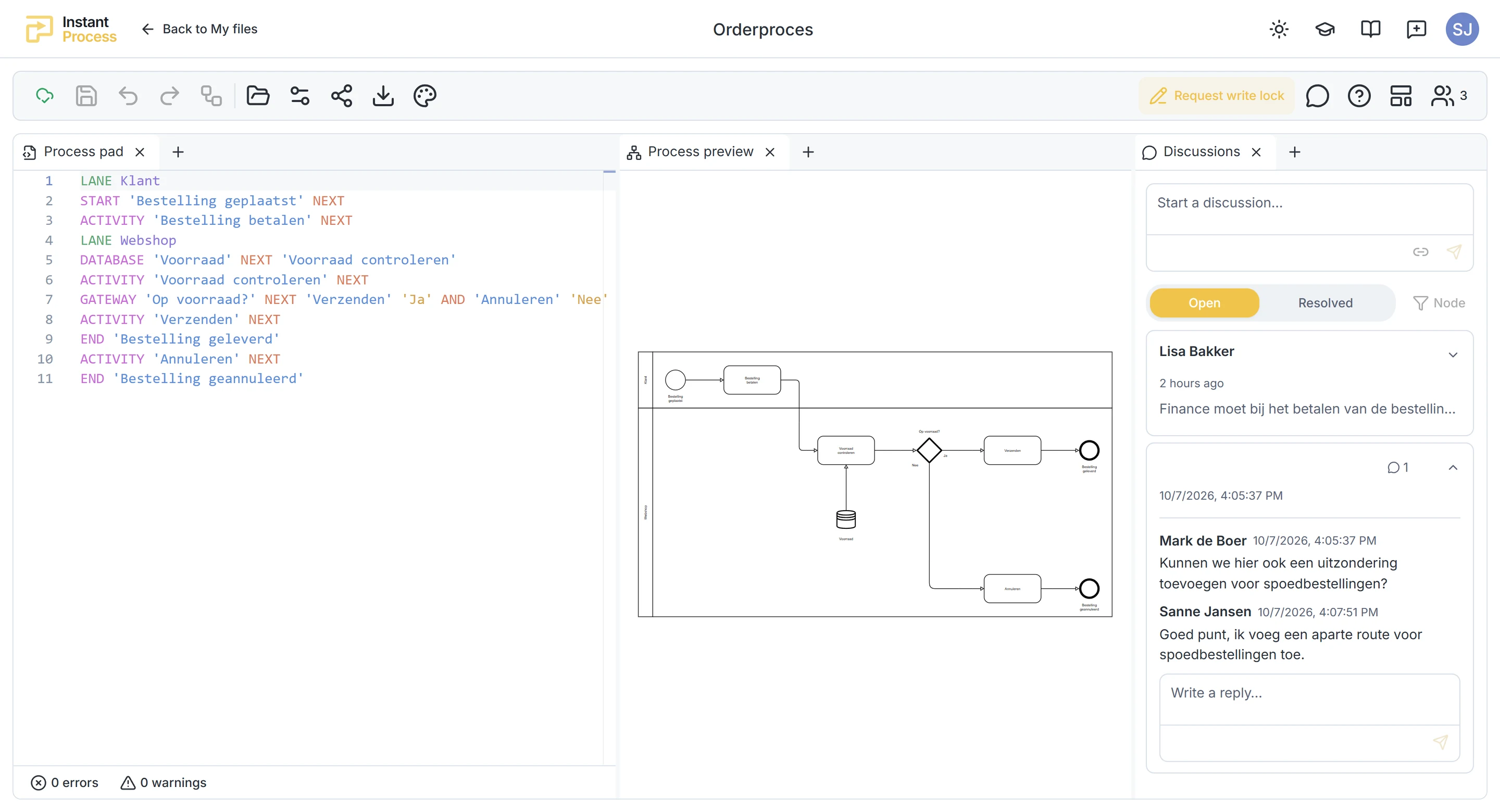 Een orderproces in Instant Process terwijl het team naast het diagram wijzigingen bespreekt