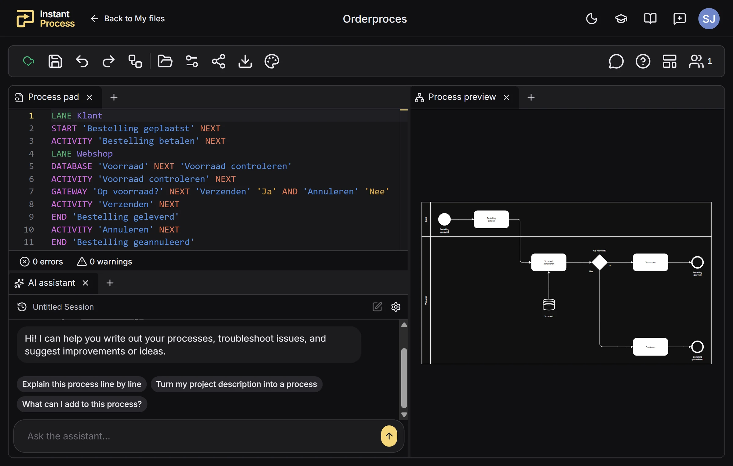 De Instant Process-editor met processyntax, het live BPMN-diagram en de AI-assistent