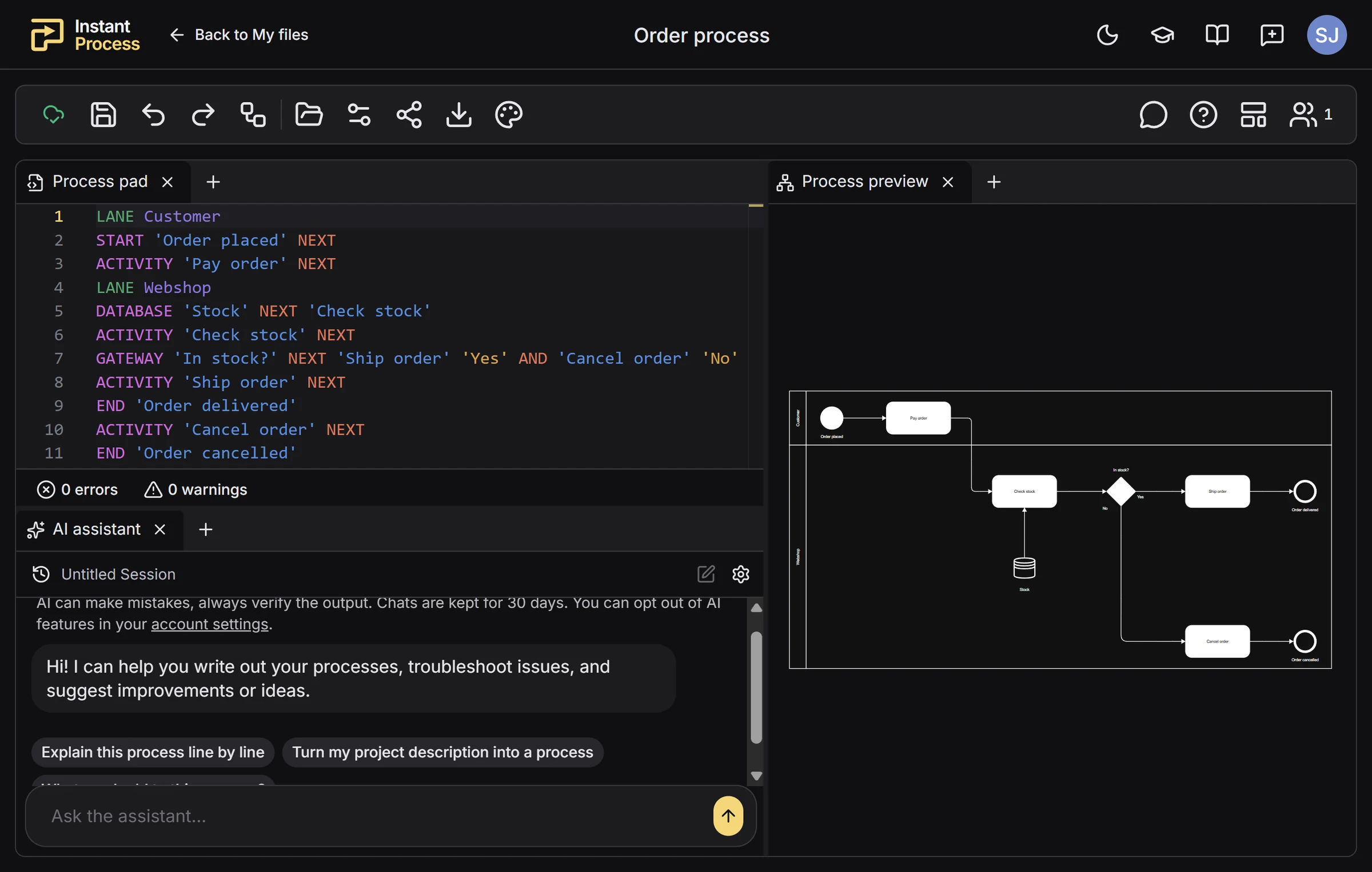 The Instant Process editor, with an order process in structured text on the left and the live process diagram on the right