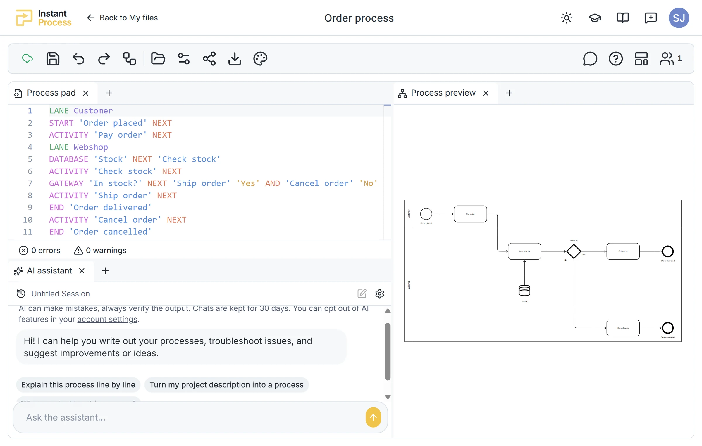 The Instant Process editor, with an order process in structured text on the left and the live process diagram on the right