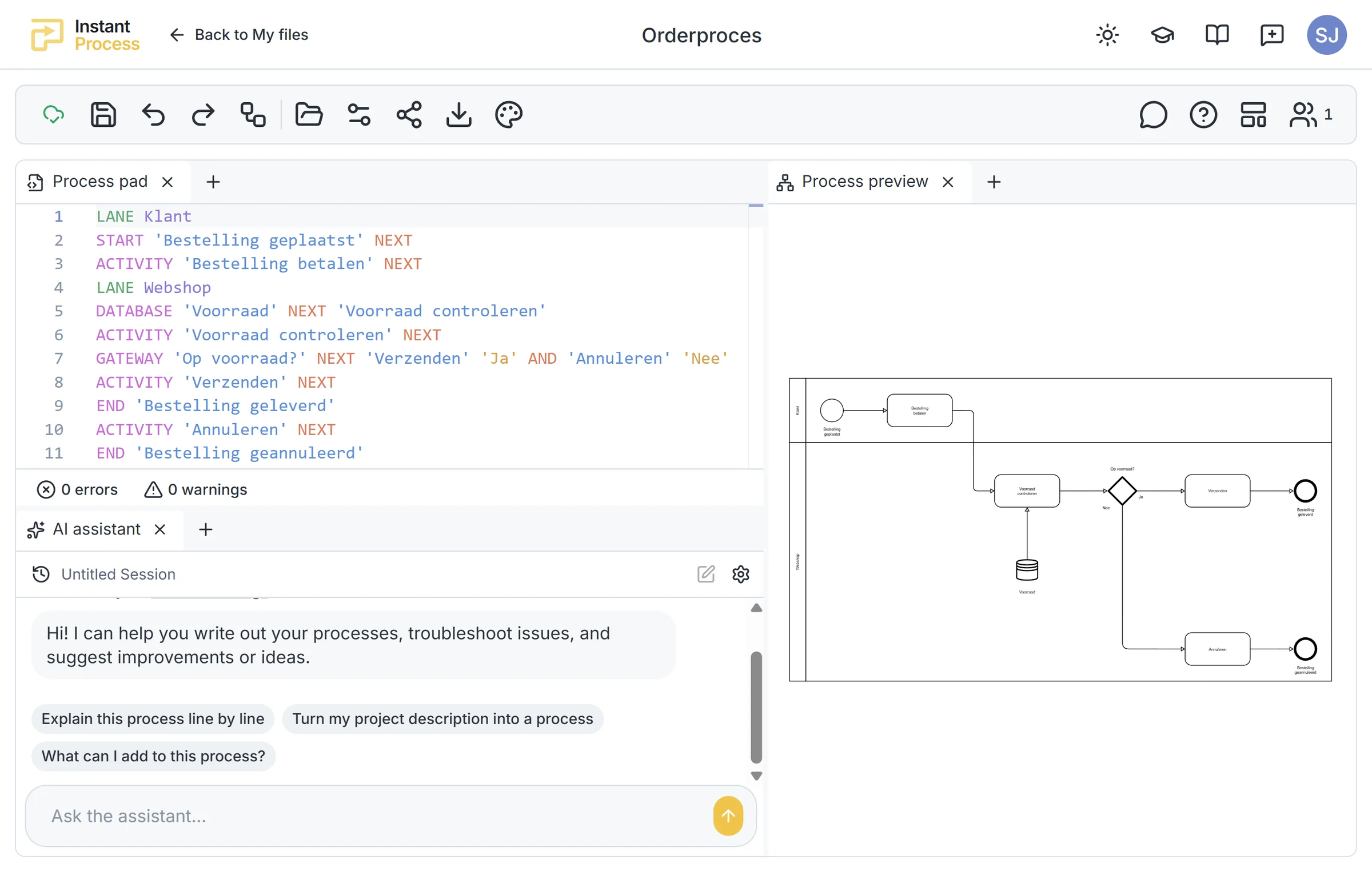 De Instant Process-editor met processyntax, het live BPMN-diagram en de AI-assistent