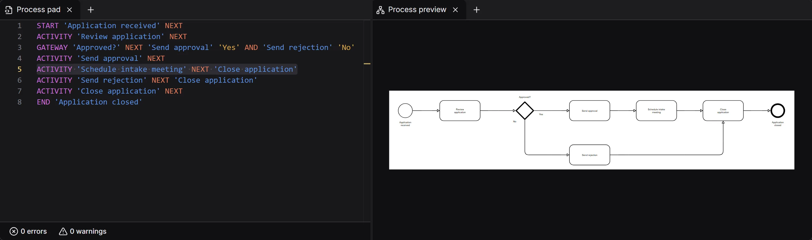 A new step added to the process text in Instant Process and the BPMN diagram updated with that step