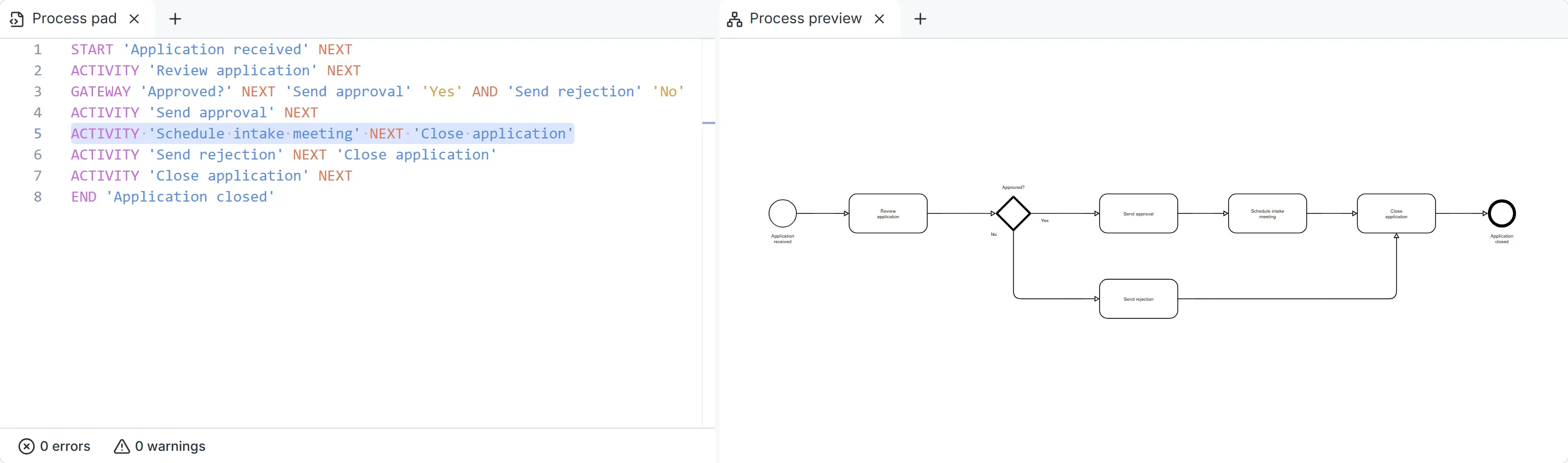 A new step added to the process text in Instant Process and the BPMN diagram updated with that step
