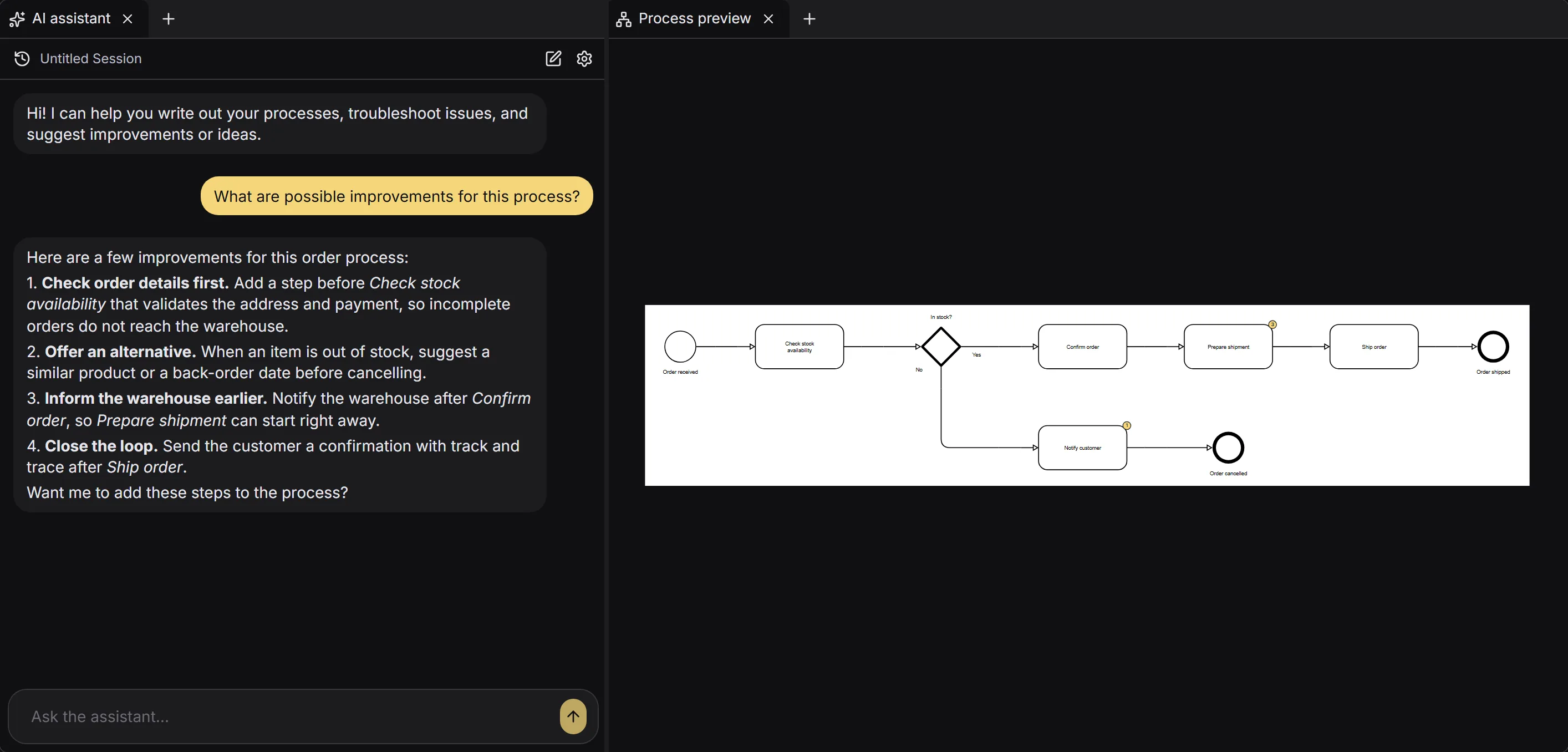 The AI assistant in Instant Process suggesting improvements to an order process shown in the process preview