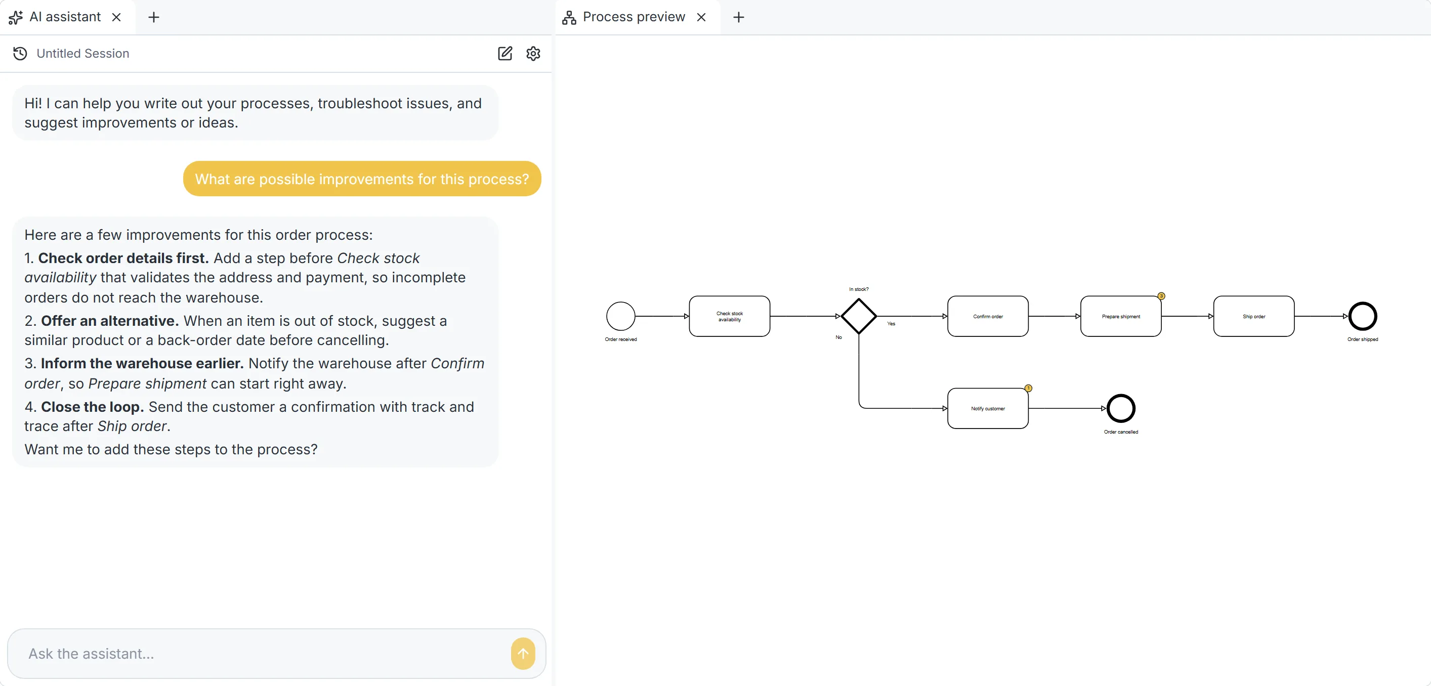 The AI assistant in Instant Process suggesting improvements to an order process shown in the process preview