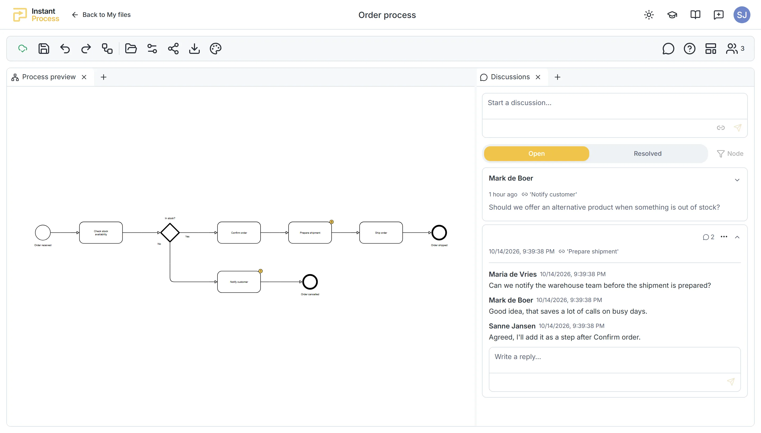 A shared order process in Instant Process with a discussion between colleagues on the Prepare shipment step