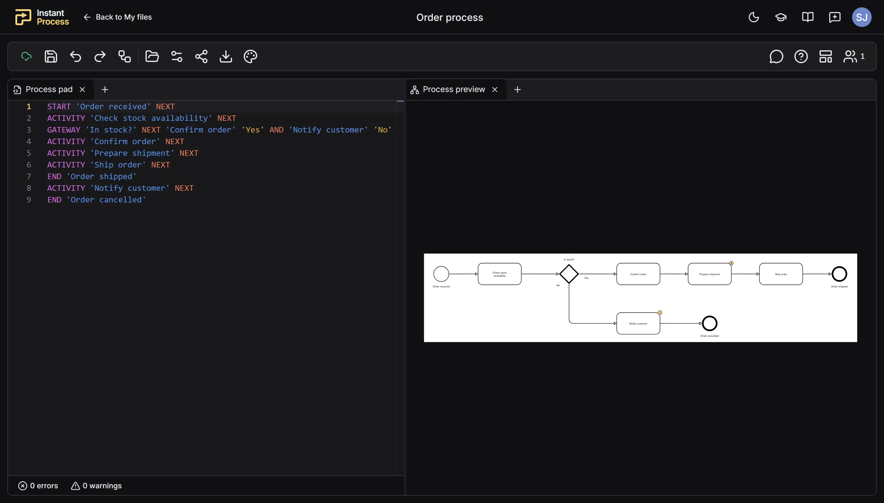 The Instant Process editor with an order process in the process pad and the BPMN diagram in the process preview