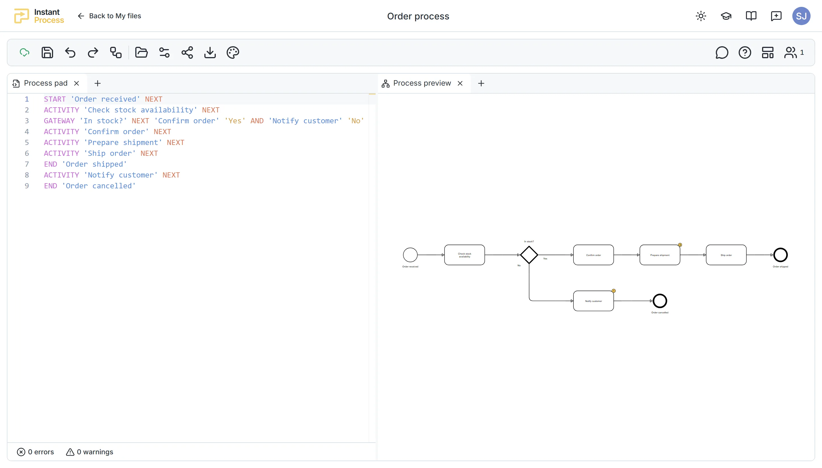 The Instant Process editor with an order process in the process pad and the BPMN diagram in the process preview