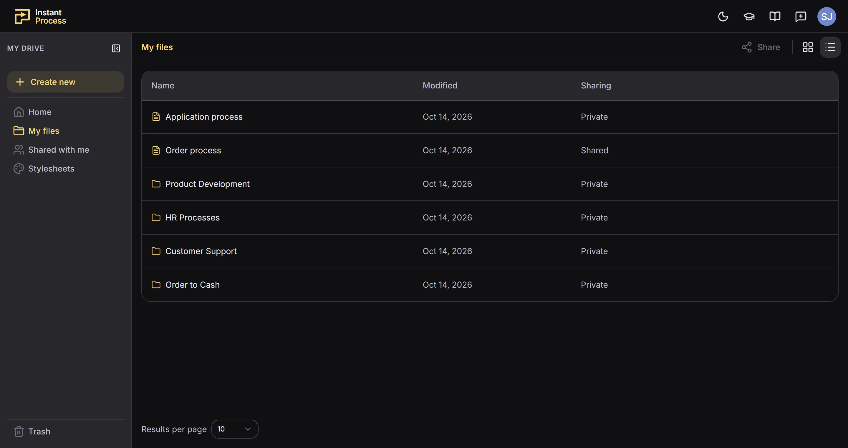 The My files page in Instant Process with process folders and shared processes