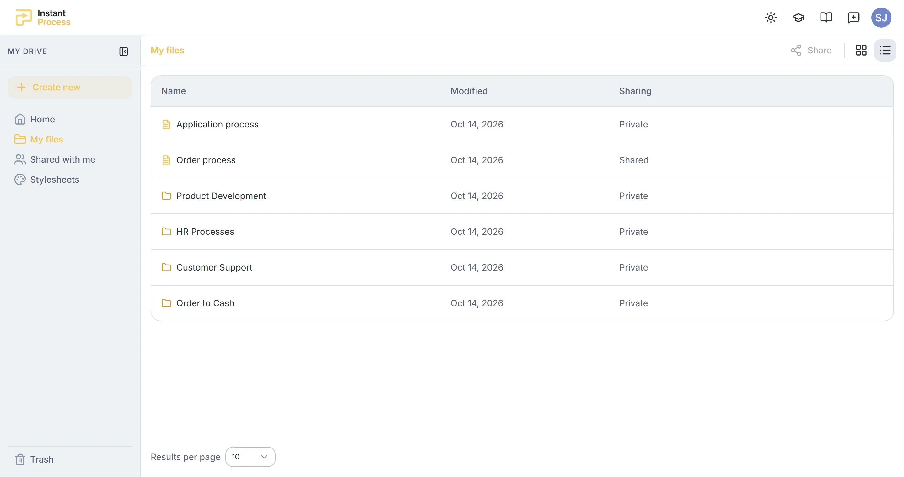 The My files page in Instant Process with process folders and shared processes